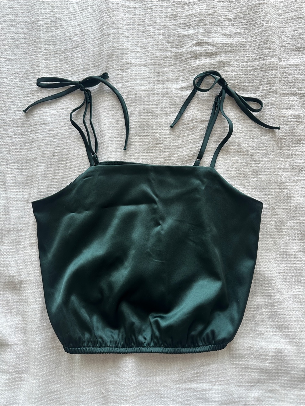 Tie-Shoulder Satin Crop Top in Dark Green